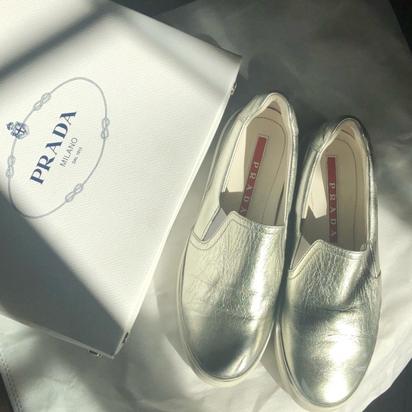 Prada Shoes - Prada Silver Metallic Skate Sneakers